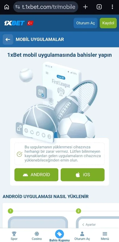 1xBet mobil uygulama indirme sayfası — Android ve iOS butonları
