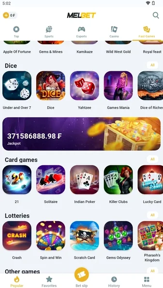 Melbet uygulaması hızlı oyunlar ekranı — Dice, kart oyunları ve piyangolar