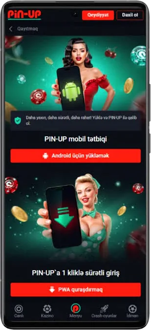 Pin-Up APK indirme ekranı — Android yükleme ve PWA seçenekleri